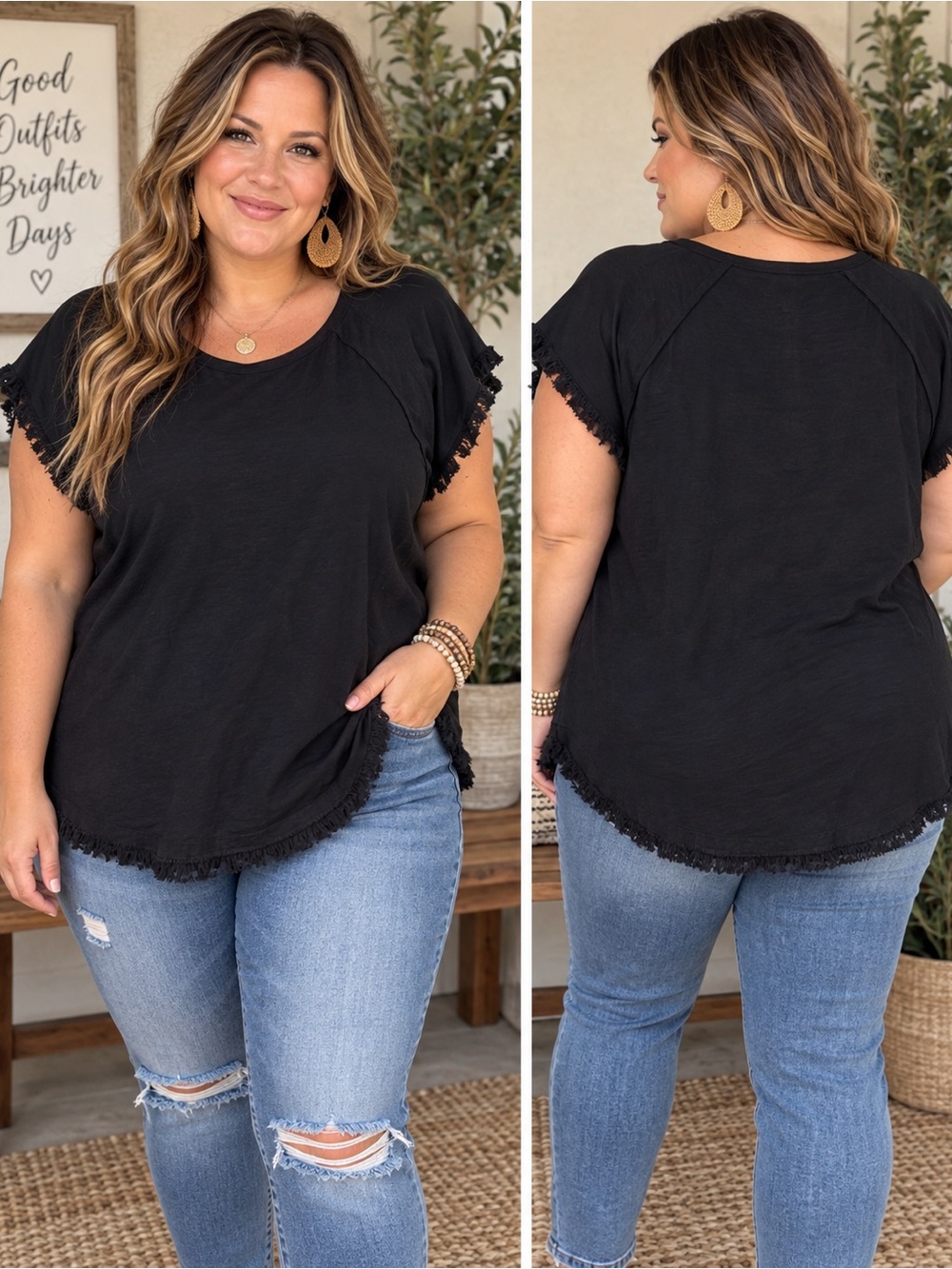 Umgee Black Frayed-Hem Short Sleeve Tee